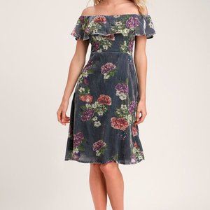 Lulus Clarita Grey Burnout Velvet Floral Print Off-the-Shoulder Dress - Size M